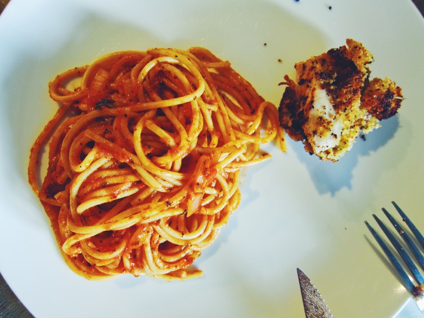 panko fried chicken and spaghetti