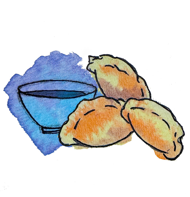 drawing of dumplings with dipping sauce